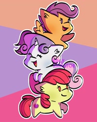 Size: 2000x2500 | Tagged: safe, artist:edgyanimator, imported from derpibooru, apple bloom, scootaloo, sweetie belle, earth pony, pegasus, pony, unicorn, adorabloom, apple bloom's bow, blushing, bow, cel shading, chibi, cute, cutealoo, cutie mark crusaders, cutie mark cuties, diasweetes, digital art, female, filly, firealpaca, foal, full body, hair bow, happy, horn, mare, multicolored hair, multicolored mane, multicolored tail, open mouth, open smile, orange coat, purple hair, purple mane, raised hoof, red hair, red mane, shading, simple background, simple shading, small, small wings, smiling, spread wings, stack, standing, tail, trio, white coat, wings, yellow coat