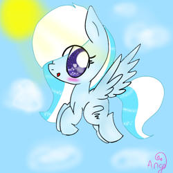 Size: 768x768 | Tagged: safe, artist:magicangelstarartist, imported from derpibooru, oc, oc only, pegasus, art trade, blushing, flying, heart, heart eyes, looking at you, multicolored hair, side view, solo, wingding eyes