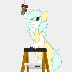 Size: 1500x1500 | Tagged: safe, artist:starstrucksocks, imported from derpibooru, oc, oc only, earth pony, pony, coat markings, earth pony oc, eyes open, gray background, ladder, mistleholly, plant, reaching, signature, simple background, socks (coat markings), unshorn fetlocks