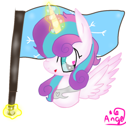 Size: 768x768 | Tagged: safe, artist:magicangelstarartist, imported from derpibooru, princess flurry heart, alicorn, crystal empire, flag, glowing, glowing horn, half boddy, heart, heart eyes, horn, levitation, looking at you, magic, solo, spread wings, telekinesis, wingding eyes, wings