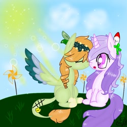 Size: 768x768 | Tagged: safe, artist:magicangelstarartist, imported from derpibooru, oc, oc only, pegasus, pony, unicorn, blushing, boop, colored wings, couple, duo, eyes closed, facing each other, female, mare, multicolored hair, multicolored wings, noseboop, simple background, wings