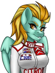 Size: 486x639 | Tagged: safe, artist:inkkeystudios, imported from derpibooru, lightning dust, anthro, pegasus, female, looking at you, racing suit, solo