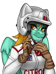 Size: 486x639 | Tagged: safe, artist:inkkeystudios, imported from derpibooru, lightning dust, anthro, pegasus, clothes, female, gloves, helmet, looking at you, racing suit, solo