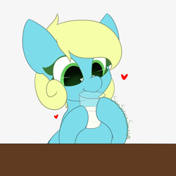 Size: 1500x1500 | Tagged: safe, artist:starstrucksocks, imported from derpibooru, oc, oc only, oc:misty dancer, pegasus, pony, cute, drink, drinking, eyes open, gray background, green eyes, heart, milk, pegasus oc, simple background