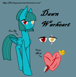 Size: 583x594 | Tagged: safe, artist:firedragonmoon15, imported from derpibooru, oc, oc only, oc:dawn warheart, pegasus, pony, cutie mark, eye scar, facial scar, heterochromia, lowres, mint coat, mint mane, mint tail, red eyes, reference sheet, scar, simple background, standing, yellow eyes