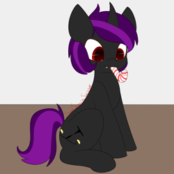 Size: 1500x1500 | Tagged: safe, artist:starstrucksocks, imported from derpibooru, oc, oc only, oc:servus, pony, unicorn, black coat, candy, candy cane, cute, food, horn, signature, sitting, unicorn oc