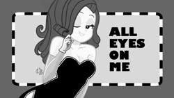 Size: 1280x720 | Tagged: safe, artist:flutteryaylove, edit, edited edit, imported from derpibooru, rarity, human, black and white, grayscale, humanized, monochrome, simple background, text