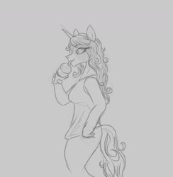 Size: 1548x1586 | Tagged: safe, artist:astr0zone, imported from derpibooru, part of a set, izzy moonbow, anthro, unicorn, clothes, female, food, g5, gray background, grayscale, ice cream, ice cream cone, licking, monochrome, part of a series, shirt, side view, simple background, sketch, solo, tongue out, weight gain sequence