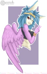 Size: 825x1275 | Tagged: safe, artist:inkkeystudios, imported from derpibooru, oc, oc only, anthro, pegasus, bandana, clothes, lidded eyes, looking at you, one eye closed, peace sign, smiling, solo, spread wings, tanktop, wings, wink, winking at you