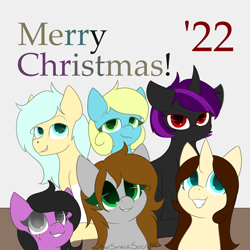 Size: 2000x2000 | Tagged: safe, artist:starstrucksocks, imported from derpibooru, oc, oc only, oc:card toss, oc:servus, oc:sweet cheeks, earth pony, pegasus, pony, unicorn, blue eyes, christmas, cute, earth pony oc, green eyes, group, holiday, horn, pegasus oc, red eyes, scar, unicorn oc