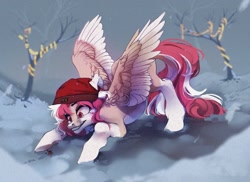 Size: 1280x930 | Tagged: safe, artist:s'kostral, imported from derpibooru, oc, insect, ladybug, pegasus, pony, christmas, christmas lights, face down ass up, holiday, ice, pegasus oc, playful, snow, spread wings, tree, wings, winter