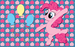 Size: 2560x1600 | Tagged: safe, artist:alicehumansacrifice0, artist:kooner-cz, artist:ooklah, edit, imported from derpibooru, pinkie pie, earth pony, pony, abstract background, cupcake, cutie mark, female, food, jumping, looking down, mare, smiling, solo, spread hooves, wallpaper, wallpaper edit