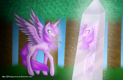 Size: 1024x667 | Tagged: safe, artist:firedragonmoon15, imported from derpibooru, oc, alicorn, pony, crystal, forest, looking at self, pink coat, pink eyes, pink mane, pink tail, raised hoof, solo, sparks, spread wings, standing, tail, wings