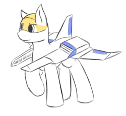 Size: 637x585 | Tagged: artist needed, safe, imported from derpibooru, oc, oc only, unnamed oc, object pony, original species, plane pony, pony, spaceship ponies, colored, determined look, male, plane, raised hoof, serious, serious face, simple background, solo, spaceship, stallion, vic viper, visor, white background