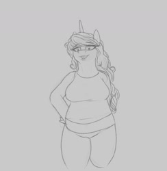 Size: 1548x1586 | Tagged: safe, artist:astr0zone, imported from derpibooru, part of a set, izzy moonbow, anthro, unicorn, chubby, clothes, female, front view, g5, gray background, grayscale, looking at you, midriff, monochrome, pants, part of a series, shirt, simple background, sketch, solo, weight gain sequence