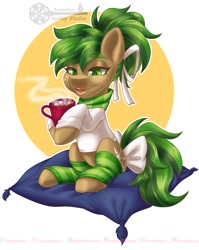 Size: 825x1035 | Tagged: safe, artist:inkkeystudios, imported from derpibooru, oc, oc only, earth pony, pony, bow, chocolate, clothes, eyebrows, eyebrows visible through hair, food, hair ribbon, hot chocolate, leg warmers, mug, pillow, ribbon, scarf, shirt, sitting, socks, solo, steam, striped socks, tail, tail bow