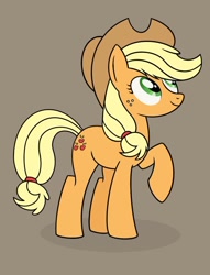 Size: 798x1047 | Tagged: safe, artist:artfusion97, imported from derpibooru, applejack, earth pony, pony, applejack's hat, brown background, cowboy hat, cute, female, freckles, hat, jackabetes, mare, raised hoof, simple background, solo