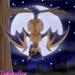 Size: 5000x5000 | Tagged: safe, artist:nekomellow, imported from derpibooru, oc, oc only, oc:distant echo, bat pony, pony, bat wings, blue mane, blue tail, both cutie marks, brown coat, city, cityscape, full moon, green eyes, hanging, hanging upside down, male, moon, night, night sky, sky, solo, spread wings, stallion, tail, tongue out, tree, tree branch, upside down, wings