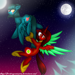 Size: 600x597 | Tagged: safe, artist:firedragonmoon15, imported from derpibooru, oc, oc:phoenix scarletruby, alicorn, pony, brown mane, brown tail, colored wings, flying, full moon, holding onto someone, hoof shoes, jewelry, looking down, mint wings, moon, necklace, night, night sky, red coat, red wings, scared, sky, spear, spread wings, starry background, tail, two toned wings, weapon, wings