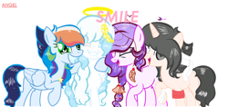 Size: 1356x640 | Tagged: safe, artist:magicangelstarartist, artist:niightlydark, imported from derpibooru, oc, oc only, earth pony, pegasus, unicorn, base used, halo, look-alike, many many pony, meme, smiling, text