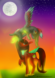 Size: 914x1308 | Tagged: safe, artist:firedragonmoon15, imported from derpibooru, oc, oc:phoenix scarletruby, alicorn, pony, boop, brown mane, brown tail, colored wings, eyes closed, flying, full moon, hoof shoes, jewelry, mint wings, moon, necklace, night, night sky, red coat, red wings, sky, smiling, tail, two toned wings, walking, wings