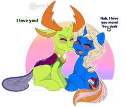 Size: 1200x1020 | Tagged: safe, artist:inkkeystudios, imported from derpibooru, thorax, oc, oc:iron captain, changedling, changeling, pony, unicorn, blushing, canon x oc, cheek kiss, dialogue, eyes closed, happy, heart, king thorax, kissing, open mouth, open smile, sitting, smiling, underhoof