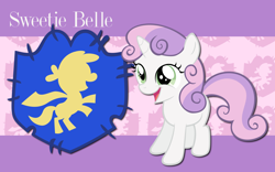 Size: 2560x1600 | Tagged: safe, artist:alicehumansacrifice0, artist:atomicgreymon, artist:ryanthebrony, edit, imported from derpibooru, sweetie belle, pony, unicorn, abstract background, cutie mark crusaders patch, female, filly, foal, looking up, name, open mouth, open smile, smiling, solo, wallpaper, wallpaper edit