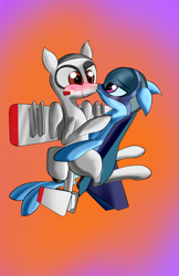 Size: 905x1394 | Tagged: safe, imported from derpibooru, oc, oc only, oc:blitz, unnamed oc, original species, plane pony, pony, blushing, brown eyes, confused, duo, embarrassed, fighter, floppy ears, flying, gradient background, jet, jet fighter, kissing, mig-29, mig-29 fulcrum, mikoyan-gurevich mig-29, nose kiss, plane, purple eyes, simple background, wavy mouth