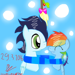 Size: 768x768 | Tagged: safe, artist:magicangelstarartist, imported from derpibooru, rainbow dash, soarin', clothes, duo, facing each other, female, holly, holly mistaken for mistletoe, male, scarf, shipping, simple background, soarindash, straight