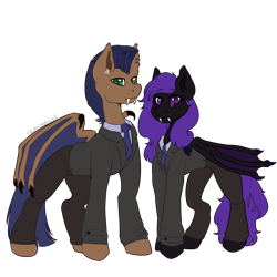 Size: 2000x2000 | Tagged: safe, artist:frazy, imported from derpibooru, oc, oc:distant echo, oc:night shimmer, bat pony, pony, bat wings, black coat, blue mane, blue tail, brown coat, claws, clothes, duo, ear fluff, fangs, female, folded wings, green eyes, looking at you, male, mare, necktie, purple eyes, purple mane, purple tail, stallion, suit, tail, wing claws, wings