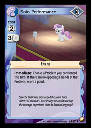Size: 344x480 | Tagged: safe, imported from derpibooru, sweetie belle, bloom and gloom, ccg, enterplay, equestrian odysseys, merchandise, microphone, solo, spotlight, stage