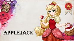 Size: 1920x1080 | Tagged: safe, artist:facja, imported from derpibooru, applejack, anthro, apple, breasts, ever after high, food