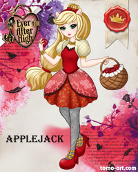 Size: 960x1200 | Tagged: safe, artist:facja, imported from derpibooru, applejack, anthro, apple, clothes, ever after high, food, looking at you, solo
