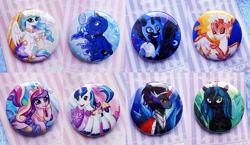 Size: 2100x1214 | Tagged: safe, artist:facja, imported from derpibooru, daybreaker, king sombra, nightmare moon, princess cadance, princess celestia, princess luna, queen chrysalis, shining armor, alicorn, changeling, changeling queen, pins, royal sisters, siblings, sisters