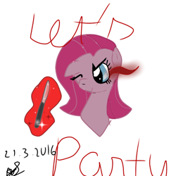 Size: 768x768 | Tagged: safe, artist:magicangelstarartist, imported from derpibooru, pinkie pie, earth pony, pony, female, knife, mare, pinkamena diane pie, simple background, solo, text