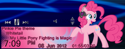 Size: 391x154 | Tagged: safe, artist:itchykitchy, artist:liatlns, artist:tailsdoll1993, imported from derpibooru, pinkie pie, earth pony, pony, :d, calendar, clock, happy, headphones, looking back, music player, open mouth, open smile, rainmeter, raised hoof, smiling, standing