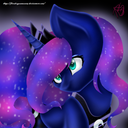 Size: 894x894 | Tagged: safe, artist:firedragonmoon15, imported from derpibooru, princess luna, alicorn, blue coat, crown, cyan eyes, ethereal mane, gradient background, horn, jewelry, necklace, regalia, starry eyes, violet coat, wingding eyes