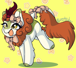 Size: 1088x976 | Tagged: safe, artist:llametsul, imported from derpibooru, autumn blaze, kirin, pony, awwtumn blaze, bow, cloven hooves, cute, daaaaaaaaaaaw, female, hair bow, happy, open mouth, open smile, smiling, solo, tail, tail bow