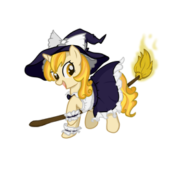 Size: 2067x2067 | Tagged: safe, artist:fish_meow, imported from derpibooru, pony, unicorn, broom, clothes, female, kirisame marisa, mare, ponified, skirt, solo, touhou, witch