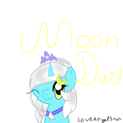 Size: 768x768 | Tagged: safe, artist:magicangelstarartist, imported from derpibooru, oc, oc only, oc:moon dust, unicorn, choker, jewelry, moon, one eye closed, simple background, solo, stars, text, tiara, wink