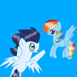 Size: 768x768 | Tagged: safe, artist:magicangelstarartist, imported from derpibooru, rainbow dash, soarin', pegasus, couple, duo, female, flying, male, mare, shipping, simple background, soarindash, stallion, straight