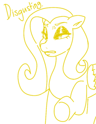 Size: 570x737 | Tagged: safe, artist:rawmel, imported from derpibooru, fluttershy, pegasus, pony, digital art, disgusted, eyeshadow, female, fluttershy is not amused, fluttertroll, looking down, makeup, mare, monochrome, simple background, solo, unamused, white background