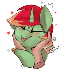 Size: 2226x2457 | Tagged: safe, artist:beardie, imported from derpibooru, pony, unicorn, beardies scritching ponies, commission, disembodied hand, hand, happy, heart, horn, male, petting, simple background, solo focus, stallion, text, tongue out, transparent background
