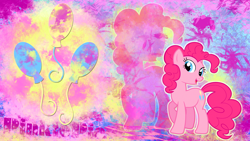 Size: 2560x1440 | Tagged: safe, artist:skrayp, imported from derpibooru, pinkie pie, earth pony, pony, abstract background, cutie mark, female, hexagon, looking sideways, mare, name, open mouth, open smile, paint splatter, raised hoof, smiling, solo, wallpaper