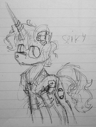 Size: 489x645 | Tagged: safe, artist:artflicker, imported from derpibooru, pokey pierce, pony, unicorn, clothes, ear piercing, earring, horn, horn ring, jacket, jewelry, lined paper, male, pencil drawing, piercing, ring, sketch, solo, stallion, traditional art