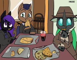 Size: 1926x1500 | Tagged: safe, artist:cosmiclitgalaxy, imported from derpibooru, oc, oc:closed case, oc:distant echo, oc:night shimmer, bat pony, changeling, pony, burrito, detective, female, food, friends, hat, lunch, male, mare, nuka cola, stallion, taco, taco bell, trio