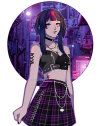 Size: 800x1000 | Tagged: safe, artist:riariirii2, imported from derpibooru, twilight sparkle, human, alternate hairstyle, belly button, belt, bra, choker, clothes, cutie mark tattoo, deviantart watermark, ear piercing, earring, eyeshadow, female, goth, humanized, jacket, jewelry, leather, leather jacket, lipstick, makeup, midriff, nail polish, necklace, obtrusive watermark, piercing, skirt, solo, tattoo, underwear, watermark