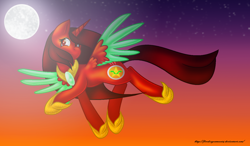 Size: 1468x856 | Tagged: safe, artist:firedragonmoon15, imported from derpibooru, oc, oc:phoenix scarletruby, alicorn, pony, brown mane, brown tail, colored wings, flying, full moon, hoof shoes, jewelry, mint wings, moon, necklace, red coat, red wings, smiling, spread wings, stars, tail, twilight (astronomy), two toned wings, wings