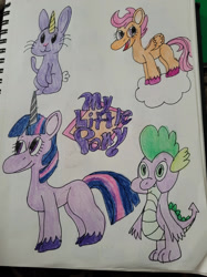 Size: 1280x1707 | Tagged: safe, artist:mintwhistle, imported from derpibooru, scootaloo, spike, twilight sparkle, dragon, pegasus, pony, rabbit, unicorn, bunnycorn, cloud, crayon drawing, fangs, female, filly, foal, folded wings, g4, g4 to g5, g5, generation leap, horn, logo, looking back, male, mare, open mouth, open smile, sketchbook, smiling, traditional art, unicorn twilight, unshorn fetlocks, whiskers, wings