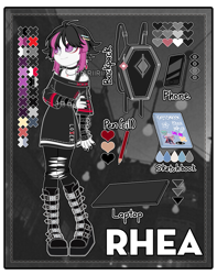 Size: 793x1008 | Tagged: safe, artist:masem, artist:riariirii2, imported from derpibooru, oc, oc only, oc:rhea, human, equestria girls, bag, base used, belt, book, boots, cellphone, choker, clothes, cute, demonia swing 815, ear piercing, earring, female, freckles, goth, jewelry, nail polish, necklace, notebook, pencil, phone, piercing, platform boots, reference sheet, ripped stockings, shirt, shoes, skirt, smartphone, socks, solo, stockings, thigh highs, torn clothes, torn socks